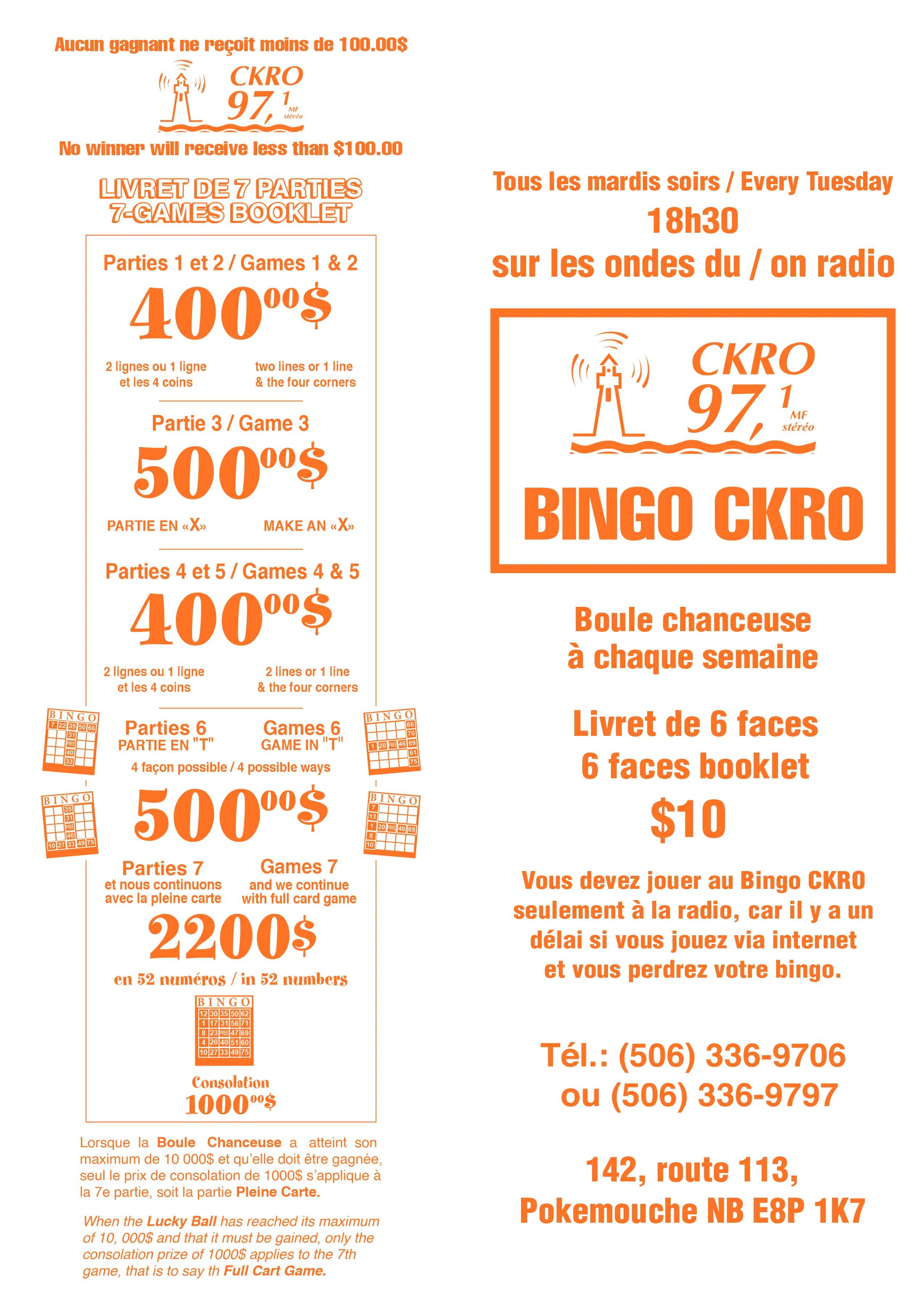 Carte de bingo CKRO avec règles
